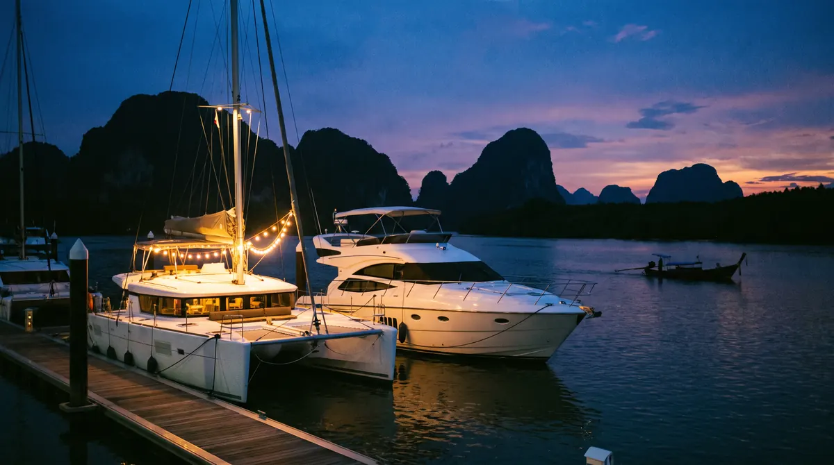 Yachts for sale in Southeast Asia, catamaran and motor yacht in a Phuket marina at dusk